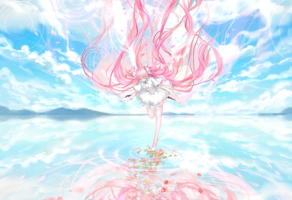 Anime picture 1845x1269 with mahou shoujo madoka magica shaft (studio) kaname madoka goddess madoka qidai single highres pink hair sky cloud (clouds) bent knee (knees) eyes closed very long hair two side up floating hair reflection spread arms horizon magical girl girl