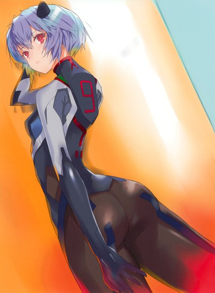 Anime picture 1059x1439 with neon genesis evangelion rebuild of evangelion evangelion: 3.0 you can (not) redo gainax q-ha (artbook) ayanami rei fuyuno haruaki single tall image fringe short hair light erotic red eyes standing blue hair ass looking back from behind back arm behind head