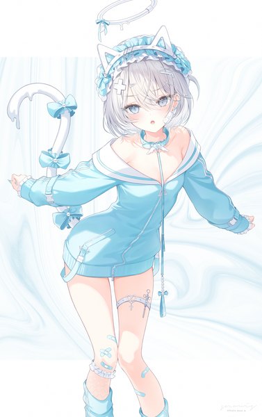 Anime picture 2200x3500 with original snow is single tall image looking at viewer blush fringe highres short hair open mouth blue eyes hair between eyes standing bare shoulders animal ears silver hair tail nail polish animal tail fingernails