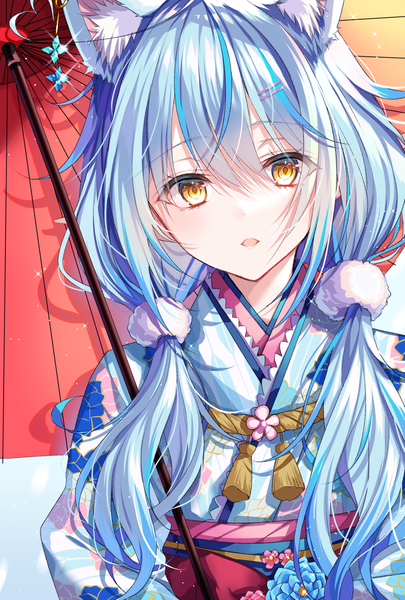 Anime picture 1000x1480 with virtual youtuber hololive yukihana lamy yukihana lamy (2nd costume) myusha single long hair tall image looking at viewer fringe open mouth hair between eyes twintails animal ears yellow eyes blue hair upper body traditional clothes japanese clothes cat ears