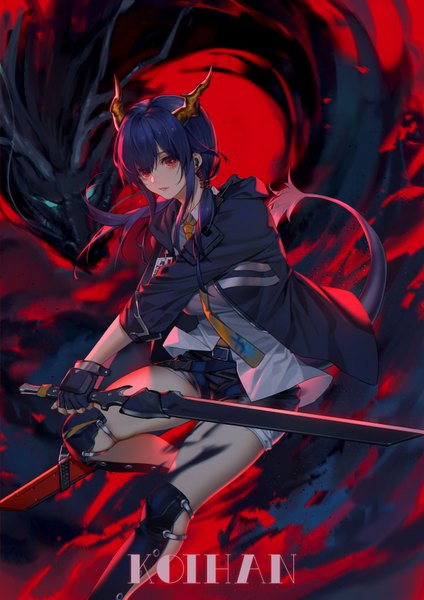 Anime picture 2480x3508 with arknights ch'en (arknights) koi han single long hair tall image looking at viewer fringe highres hair between eyes red eyes standing holding signed payot blue hair tail parted lips horn (horns) light smile