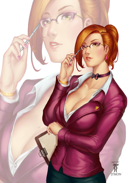 Anime picture 707x1000 with jtmon (artist) single tall image short hair breasts light erotic brown hair large breasts yellow eyes cleavage girl earrings glasses bracelet pen