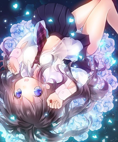 Anime picture 830x1000 with original mintsu (ichi--kun) single long hair tall image looking at viewer open mouth blue eyes light erotic brown hair signed open clothes :o pantyshot open shirt girl underwear panties flower (flowers) shirt