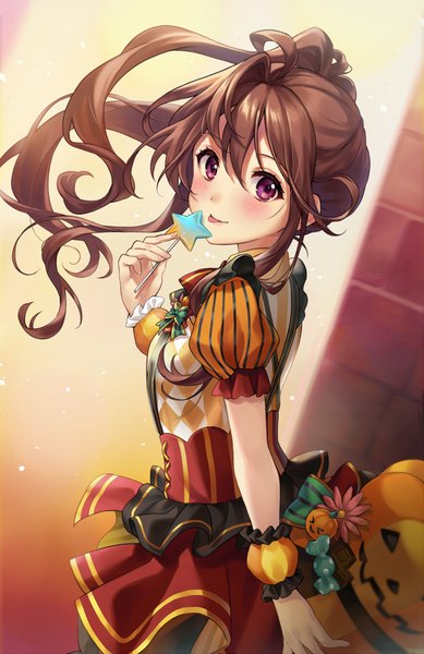 Anime picture 648x1000 with 22/7 a-1 pictures toda jun shiao single long hair tall image looking at viewer blush fringe hair between eyes brown hair purple eyes ponytail puffy sleeves turning head halloween girl food sweets