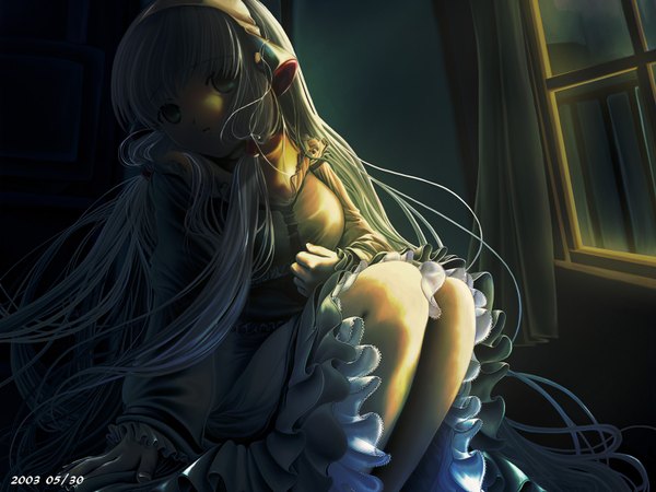 Anime picture 1600x1200 with chobits clamp chii single long hair fringe breasts green eyes silver hair night girl dress hairband