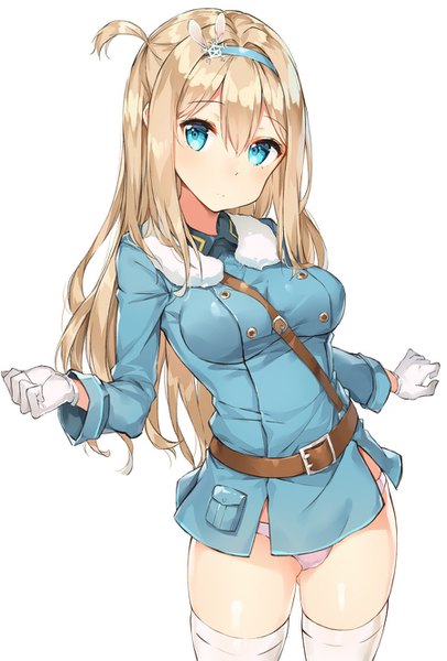 Anime picture 900x1330 with girls frontline suomi kp31 (girls frontline) rikoma single long hair tall image looking at viewer blush fringe breasts blue eyes light erotic simple background hair between eyes large breasts white background payot long sleeves head tilt fur trim