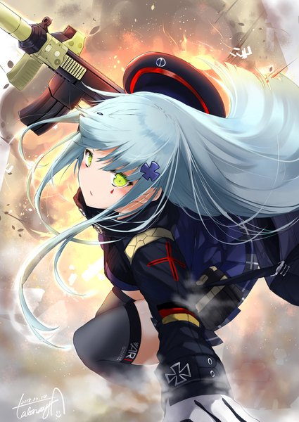 Anime picture 1254x1771 with girls frontline hk416 (girls frontline) leglus single long hair tall image looking at viewer blush fringe green eyes signed payot blue hair bent knee (knees) zettai ryouiki outstretched arm facial mark dated plaid skirt smoke