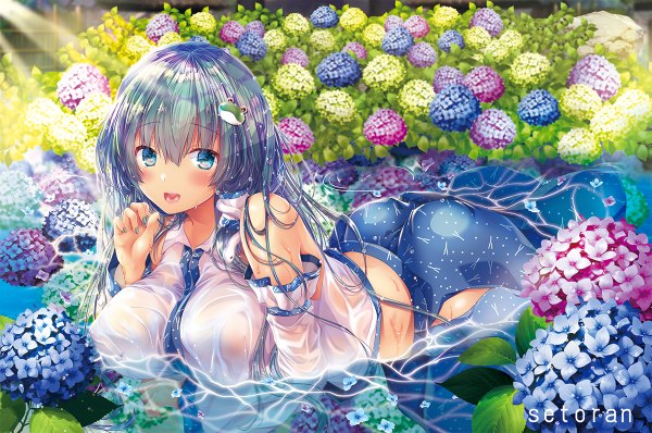 Anime picture 1200x796 with touhou kochiya sanae pekopokox single long hair looking at viewer blush fringe breasts open mouth blue eyes light erotic hair between eyes bare shoulders signed outdoors lying nail polish traditional clothes japanese clothes