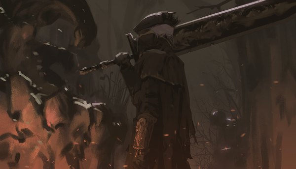 Anime picture 1400x803 with bloodborne from software hunter (bloodborne) snatti short hair wide image white hair profile boy weapon hat sword armor cloak huge weapon huge sword sparks