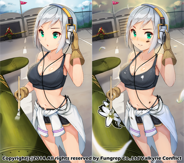 Anime-Bild 2160x1920 mit valkyrie conflict nuclear warhead (anti) blush highres short hair open mouth smile multiple girls green eyes silver hair midriff multiview clothes around waist girl gloves navel 2 girls shorts headphones aircraft