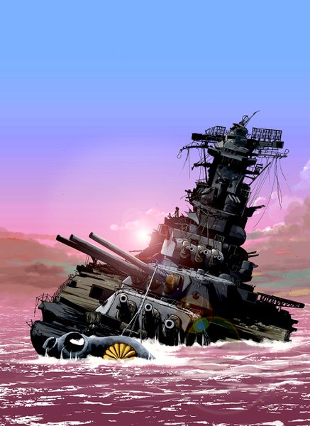 Anime picture 1882x2583 with original matsuda juukou tall image highres sky cloud (clouds) outdoors sunlight lens flare no people weapon sea gun watercraft ship cannon