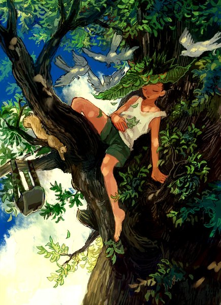 Anime picture 725x1000 with hunter x hunter gon freaks minahamu single tall image short hair open mouth sitting bare shoulders sky cloud (clouds) full body bent knee (knees) outdoors eyes closed barefoot green hair arm support strap slip sleeping