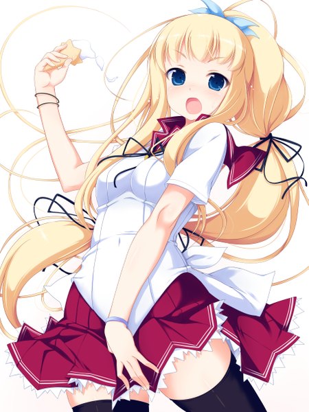 Anime picture 911x1214 with original zyaan single long hair tall image looking at viewer blush open mouth blue eyes blonde hair white background ponytail girl thighhighs skirt black thighhighs food sweets ice cream