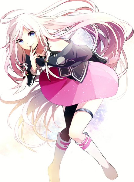 Anime picture 1160x1572 with vocaloid ia (vocaloid) sogawa single tall image looking at viewer fringe blue eyes blonde hair smile bent knee (knees) braid (braids) very long hair leaning leaning forward twin braids finger to mouth knees touching girl skirt