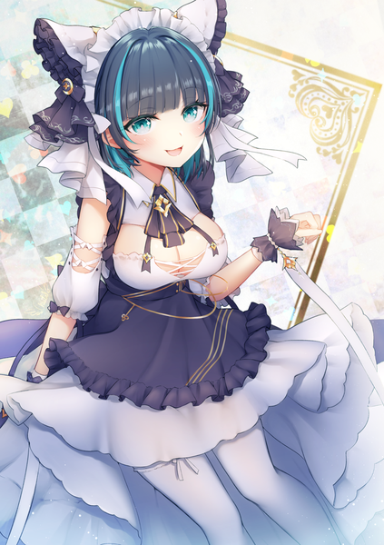 Anime picture 1928x2733 with azur lane cheshire (azur lane) chiutake mina single tall image looking at viewer blush fringe highres short hair breasts open mouth light erotic smile large breasts standing blue hair blunt bangs :d multicolored hair