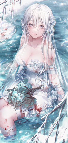 Anime picture 1000x2082 with original unity (ekvmsp02) single long hair tall image looking at viewer fringe breasts light erotic hair between eyes large breasts sitting outdoors white hair hair flower from above partially submerged snow anaglyph bloody clothes