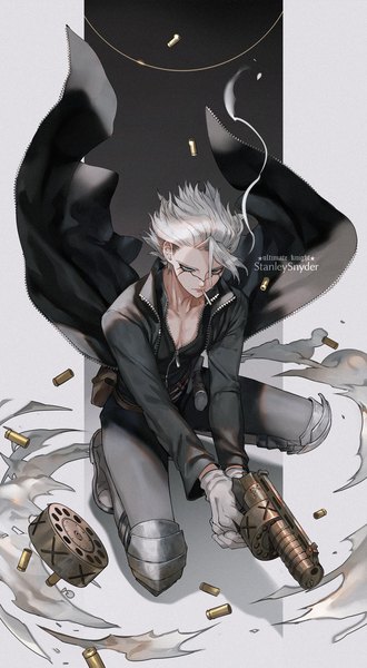 Anime picture 1101x2000 with dr. stone stanley snyder (dr.stone) hs2 single tall image short hair silver hair full body character names scar smoke squat smoking spoilers boy gloves weapon white gloves armor gun