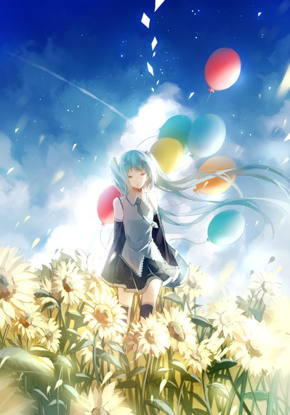 Anime picture 1400x2000 with vocaloid hatsune miku cui (jidanhaidaitang) single tall image fringe twintails bare shoulders sky cloud (clouds) ahoge outdoors eyes closed very long hair pleated skirt light smile wind sunlight aqua hair wide sleeves