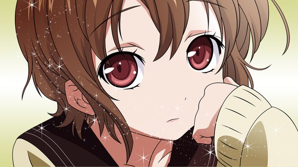 Anime picture 1920x1080 with denpa onna to seishun otoko shaft (studio) mifune ryuuko oozora kumi single highres short hair red eyes brown hair wide image portrait close-up thinking girl uniform serafuku