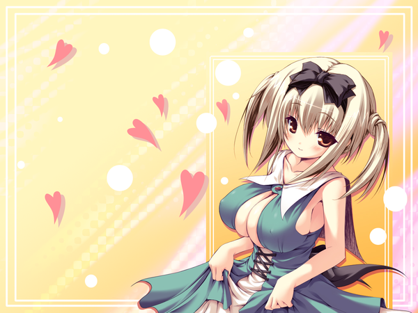 Anime picture 1280x960 with breasts light erotic twintails yellow background ribbon (ribbons)