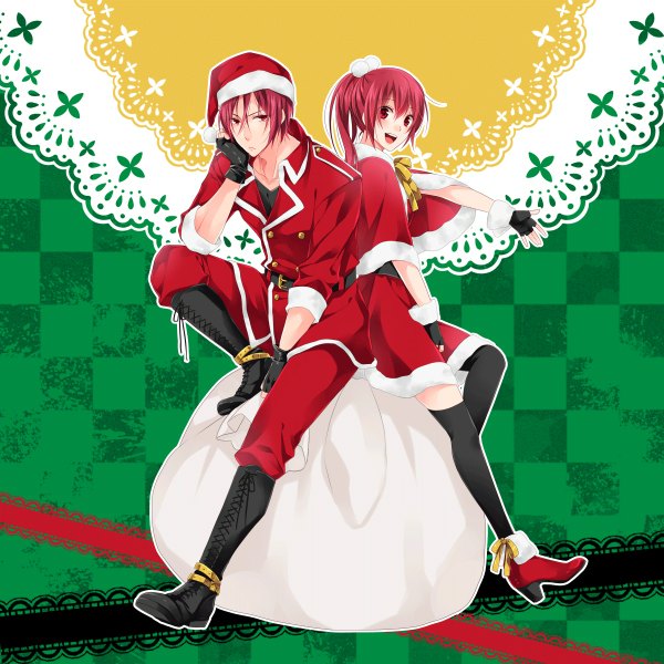Anime picture 1200x1200 with free! kyoto animation matsuoka rin matsuoka gou hatsubi long hair looking at viewer blush short hair open mouth red eyes red hair christmas merry christmas girl thighhighs boy black thighhighs hat shoes