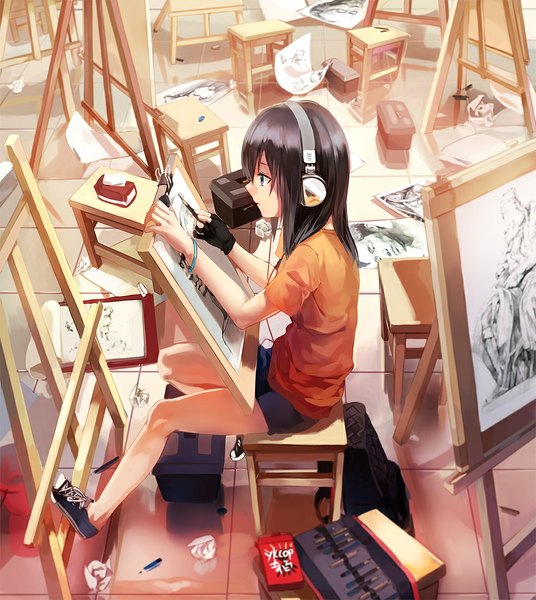 Anime picture 1000x1119 with original rff (3 percent) single long hair tall image blue eyes black hair sitting bent knee (knees) bare legs casual drawing girl gloves food shoes shorts bracelet sweets headphones