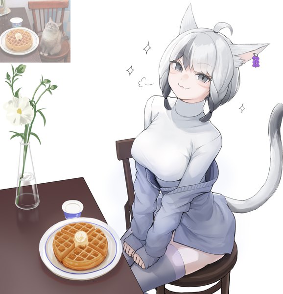 Anime picture 3600x3740 with final fantasy final fantasy xiv square enix miqo'te kasagarasu single tall image looking at viewer blush fringe highres short hair simple background white background sitting animal ears absurdres ahoge tail blunt bangs