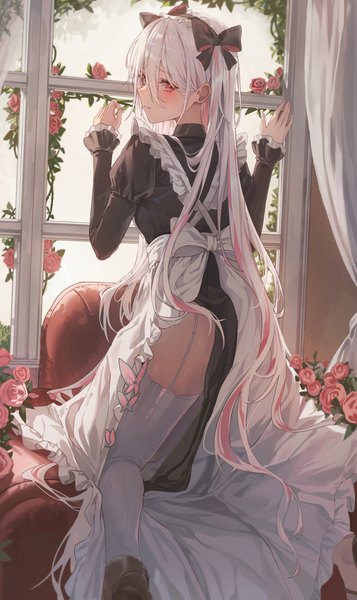 Anime picture 1906x3200 with original 2gong (9ujin ) single tall image looking at viewer blush fringe highres light erotic hair between eyes red eyes white hair long sleeves very long hair looking back multicolored hair from behind arms up maid two side up
