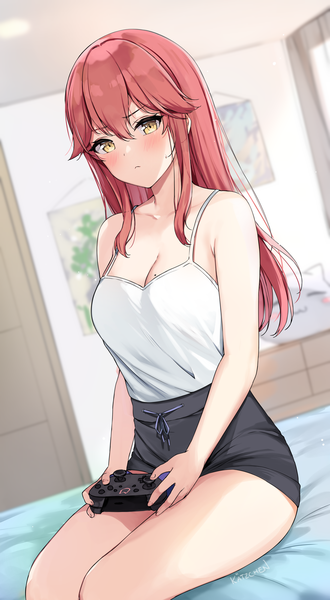 Anime picture 3850x7000 with original liliya (kaetzchen) kaetzchen single long hair tall image blush fringe highres breasts light erotic hair between eyes sitting holding yellow eyes looking away absurdres cleavage red hair indoors