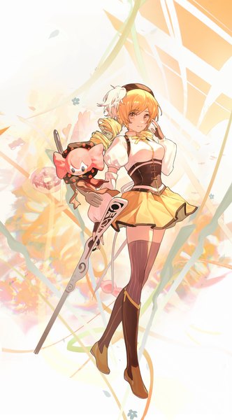 Anime picture 3260x5895 with mahou shoujo madoka magica shaft (studio) tomoe mami charlotte (madoka magica) zutto (dfvn7377) single long hair tall image looking at viewer highres blonde hair twintails yellow eyes absurdres full body zettai ryouiki puffy sleeves low twintails magical girl girl