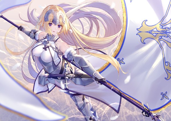 Anime picture 3035x2150 with fate (series) fate/apocrypha jeanne d'arc (fate) (all) jeanne d'arc (fate) takubon single long hair looking at viewer blush fringe highres breasts open mouth blue eyes light erotic simple background blonde hair hair between eyes standing bare shoulders