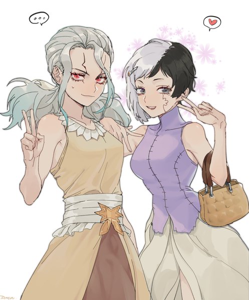 Anime picture 1500x1812 with dr. stone ishigami senkuu asagiri gen doran7280 long hair tall image short hair black hair red eyes twintails multiple girls silver hair multicolored hair two-tone hair grey eyes sleeveless low twintails victory sweatdrop genderswap