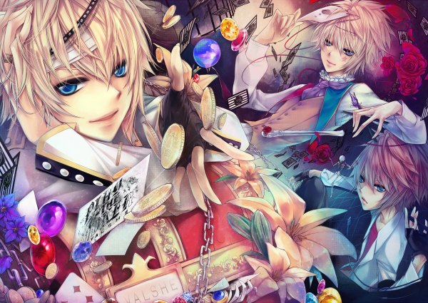 Anime picture 1200x850 with nico nico singer nico nico douga valshe ln short hair blue eyes blonde hair smile facial mark face paint multiple persona boy gloves flower (flowers) shirt fingerless gloves rose (roses) jewelry mask bandage (bandages)