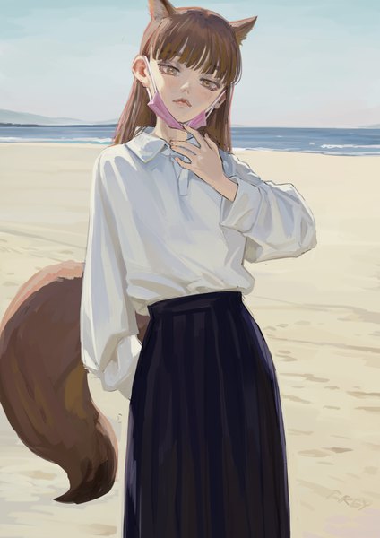 Anime picture 710x1004 with original fkey single long hair tall image looking at viewer blush fringe brown hair standing brown eyes animal ears sky outdoors tail blunt bangs long sleeves head tilt animal tail pleated skirt