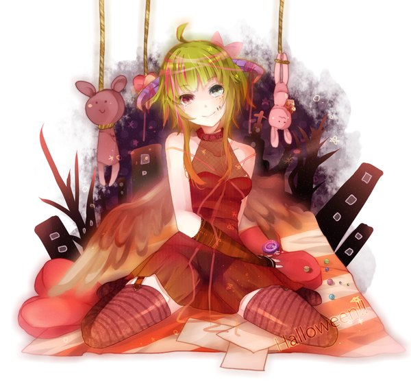 Anime picture 1400x1300 with vocaloid gumi itamidome izon (atrist) smile sitting ahoge horn (horns) green hair alternate costume tears heterochromia kneeling wariza girl thighhighs dress gloves wings toy