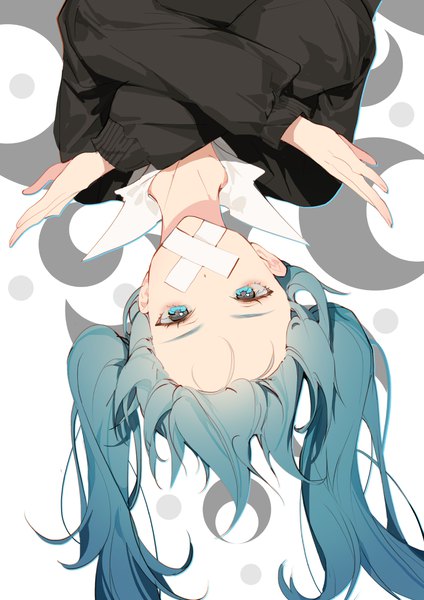 Anime-Bild 1000x1415 mit vocaloid rolling girl (vocaloid) hatsune miku indai (3330425) single long hair tall image looking at viewer fringe twintails upper body aqua eyes aqua hair crossed arms covered mouth upside down bandaid on face girl bandaid moon (symbol)