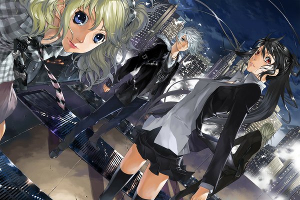 Anime picture 1024x683 with original justminor long hair fringe short hair open mouth blue eyes black hair blonde hair red eyes standing multiple girls silver hair ponytail pleated skirt wind hair over one eye night open clothes open jacket
