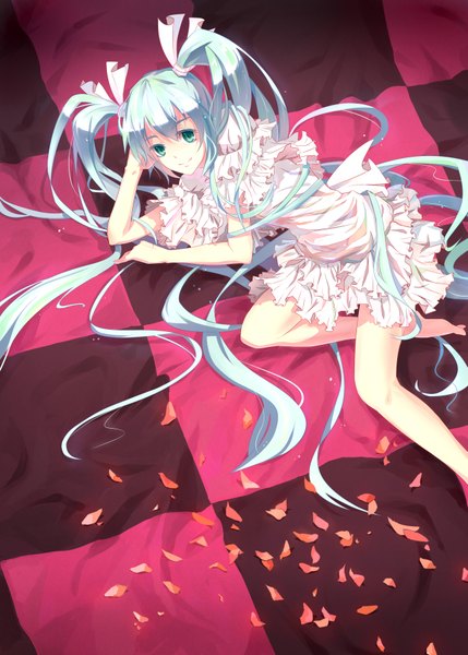 Anime picture 2590x3624 with vocaloid hatsune miku long hair tall image highres twintails green eyes aqua hair checkered floor girl dress petals