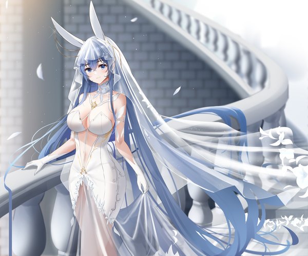 Anime picture 5421x4505 with azur lane new jersey (azur lane) new jersey (snow-white ceremony) (azur lane) qing wu single looking at viewer blush fringe highres breasts blue eyes light erotic smile hair between eyes large breasts standing animal ears blue hair absurdres very long hair