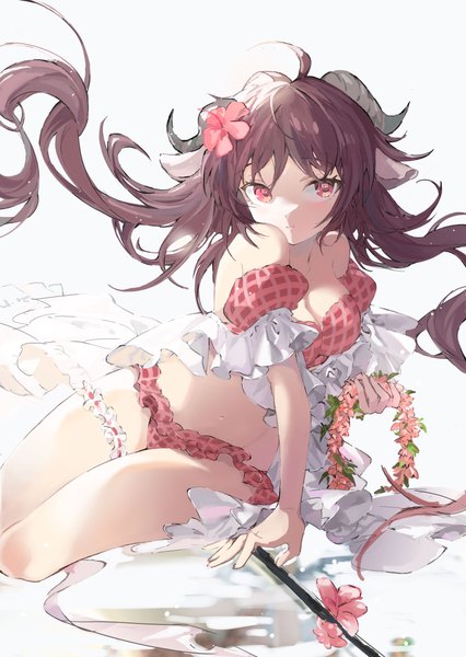 Anime picture 4600x6480 with arknights eyjafjalla (arknights) eyjafjalla (summer flower) (arknights) calamitouscat single long hair tall image looking at viewer highres light erotic simple background red eyes brown hair white background sitting holding absurdres ahoge hair flower horn (horns)