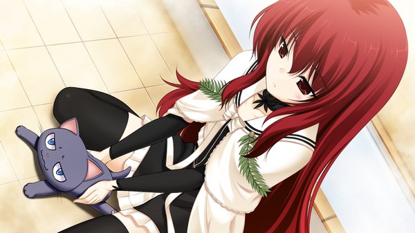 Anime picture 1024x576 with jesus 13th long hair red eyes wide image game cg red hair girl thighhighs uniform black thighhighs school uniform cat
