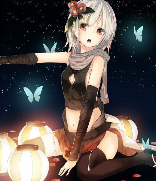 Anime picture 1000x1156 with original la-na single tall image fringe short hair breasts open mouth red eyes looking away silver hair hair flower girl thighhighs navel hair ornament detached sleeves petals scarf insect