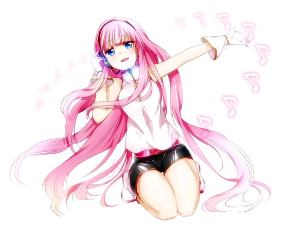 Anime picture 1280x1024 with vocaloid megurine luka azuki-azuki (artist) single long hair open mouth blue eyes simple background white background sitting bare shoulders pink hair very long hair sleeveless kneeling spread arms seiza music girl gloves