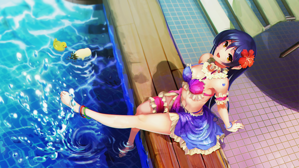 Anime picture 2000x1125 with love live! school idol project sunrise (studio) love live! sonoda umi ushas single long hair blush highres open mouth wide image sitting yellow eyes blue hair barefoot hair flower bare legs midriff girl flower (flowers)
