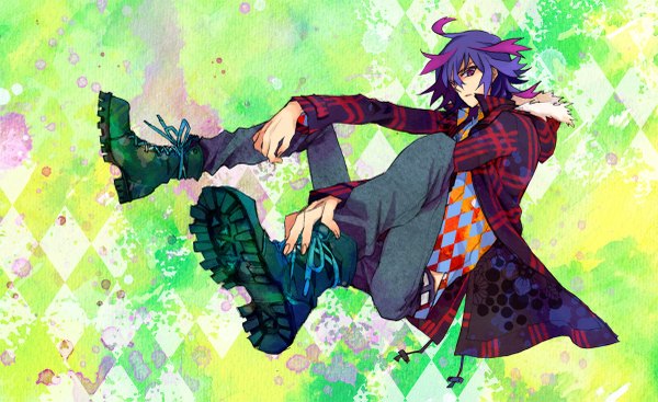 Anime picture 1200x735 with shiki yuuki natsuno single short hair simple background wide image purple eyes purple hair boy boots fur