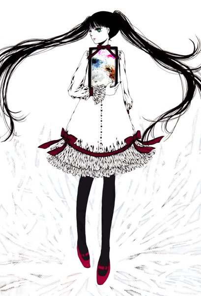 Anime picture 1000x1465 with original kuroki (patriotism) single long hair tall image open mouth blue eyes black hair simple background white background twintails looking away full body nail polish girl dress ribbon (ribbons) bow pantyhose white dress