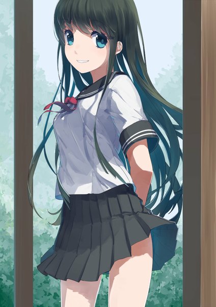 Anime picture 723x1023 with original touboku single long hair tall image looking at viewer fringe blue eyes black hair smile parted lips pleated skirt shadow hands behind back clenched teeth girl skirt uniform school uniform serafuku
