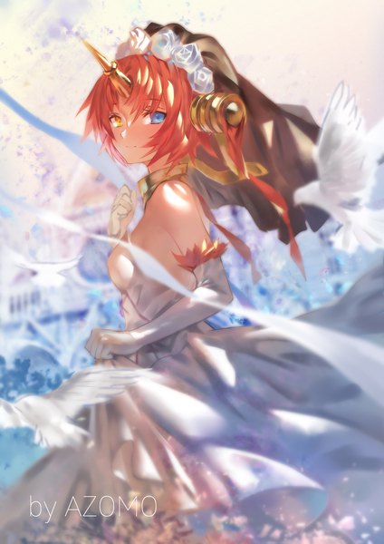 Anime picture 1600x2263 with fate (series) fate/grand order fate/apocrypha frankenstein's monster (fate) azomo single tall image looking at viewer fringe short hair blue eyes smile standing bare shoulders signed yellow eyes red hair horn (horns) heterochromia turning head