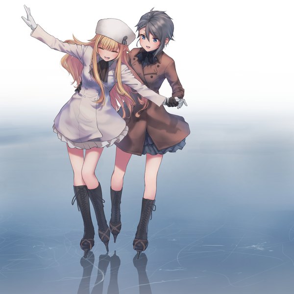 Anime picture 1000x1000 with princess principal ange (princess principal) princess (princess principal) genso long hair blush fringe short hair open mouth blue eyes simple background blonde hair hair between eyes standing multiple girls payot full body eyes closed pleated skirt grey hair