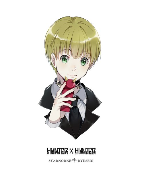 Anime picture 974x1181 with hunter x hunter shalnark ekita xuan single tall image looking at viewer fringe short hair simple background blonde hair smile white background holding green eyes upper body copyright name character names portrait formal boy